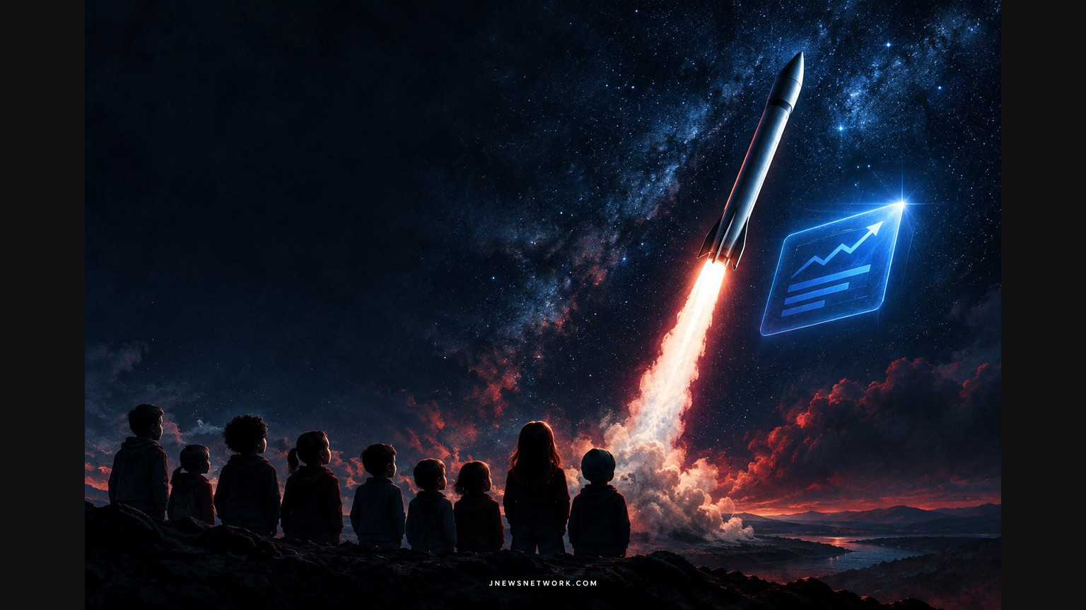 Illustration of children watching a rocket rise beside a stock share graphic.